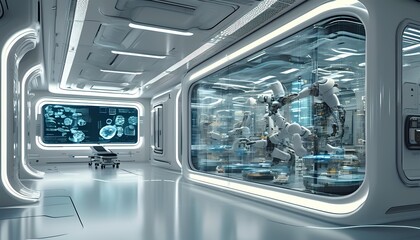 Fototapeta premium Futuristic medical lab with advanced technology and holographic displays in a sleek environment
