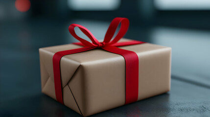 Wrapped gift, red ribbon, dark background, celebration