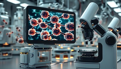 Advanced laboratory setup showcasing a microscope and digital display analyzing molecular structures