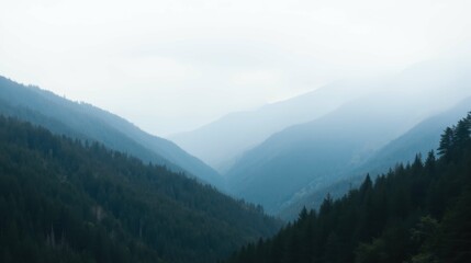 Fototapeta premium Serene Misty Mountainscape with Lush Green Forest and Valleys