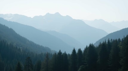 Fototapeta premium Serene Mountain Landscape with Misty Valleys and Pine Trees