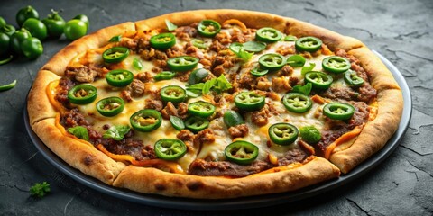 Savory Meat and Jalapeno Pizza with Melted Cheese on a Dark Surface