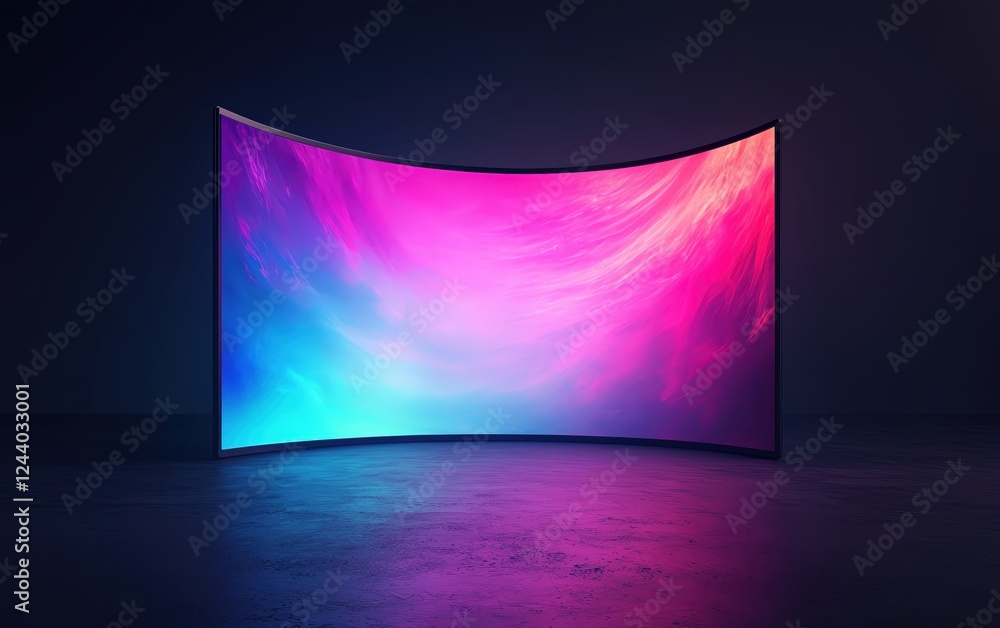 Poster futuristic curved screen displaying vibrant colors in a dark environment.