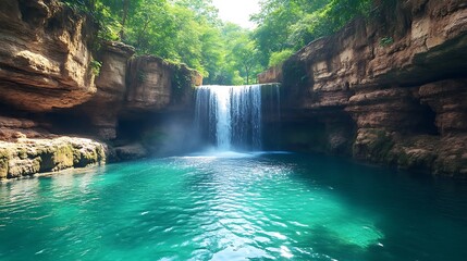 Naklejka premium Serene Waterfall Plunging into a Turquoise Pool