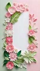 Obraz premium Pink, white, and green quilled paper arranged in a floral-inspired pattern, evoking the beauty of spring. With space for text. 