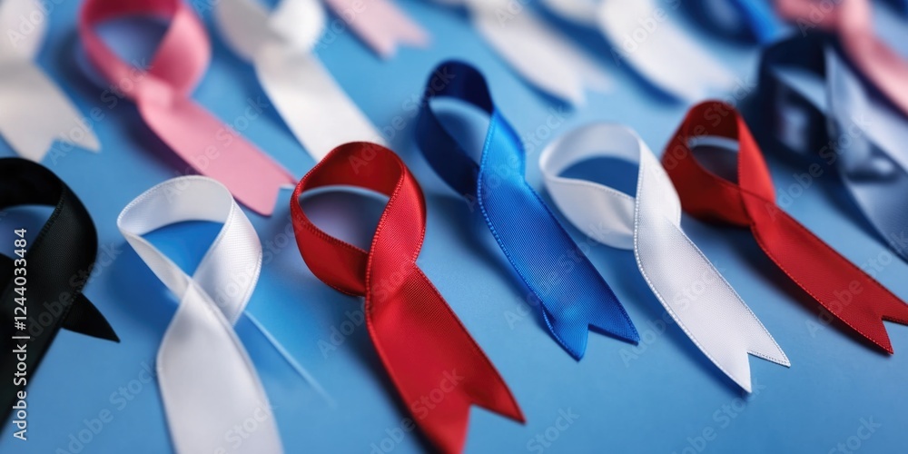 Poster a close-up shot of a row of colorful ribbons on a blue surface