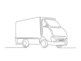 Continuous one line drawing of cargo truck transport. Delivery truck in single line draw illustration. Editable stroke.