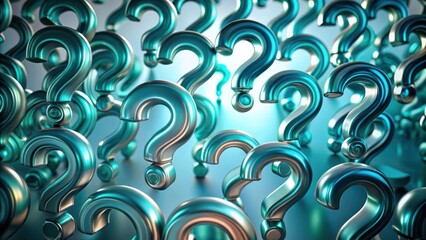 A multitude of teal question marks float in a boundless space, symbolizing the endless pursuit of knowledge and the mysteries of the universe.