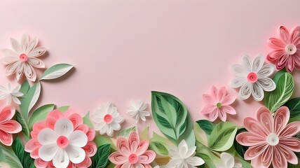 Fototapeta premium Pink, white, and green quilled paper arranged in a floral-inspired pattern, evoking the beauty of spring. With space for text. 
