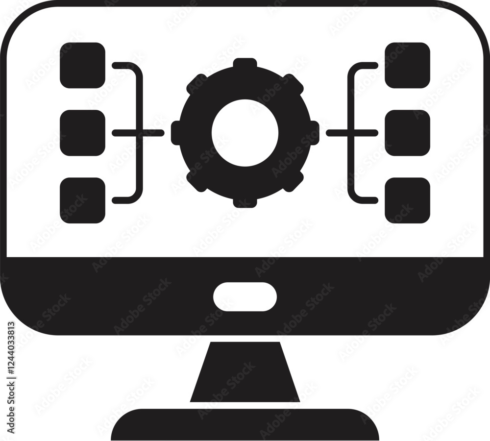 Fototapete monitor displaying data processing and management system with gear and connected squares, symbolizin
