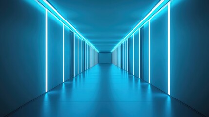 Obraz premium Futuristic hallway illuminated with blue neon lights creating a modern atmosphere.