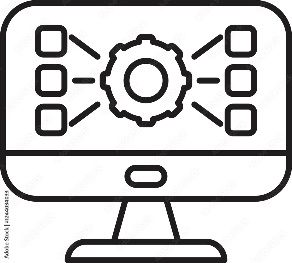 Poster computer processing data with gear and boxes representing processing operation