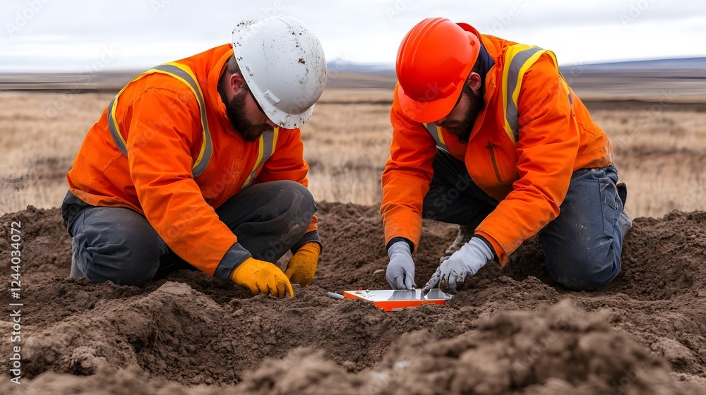 Poster technicians using portable devices to test groundwater in the field for sustainable resource