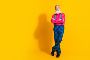 Full length photo of nice senior male crossed hands wear pink shirt plaid pants suspenders fancy...