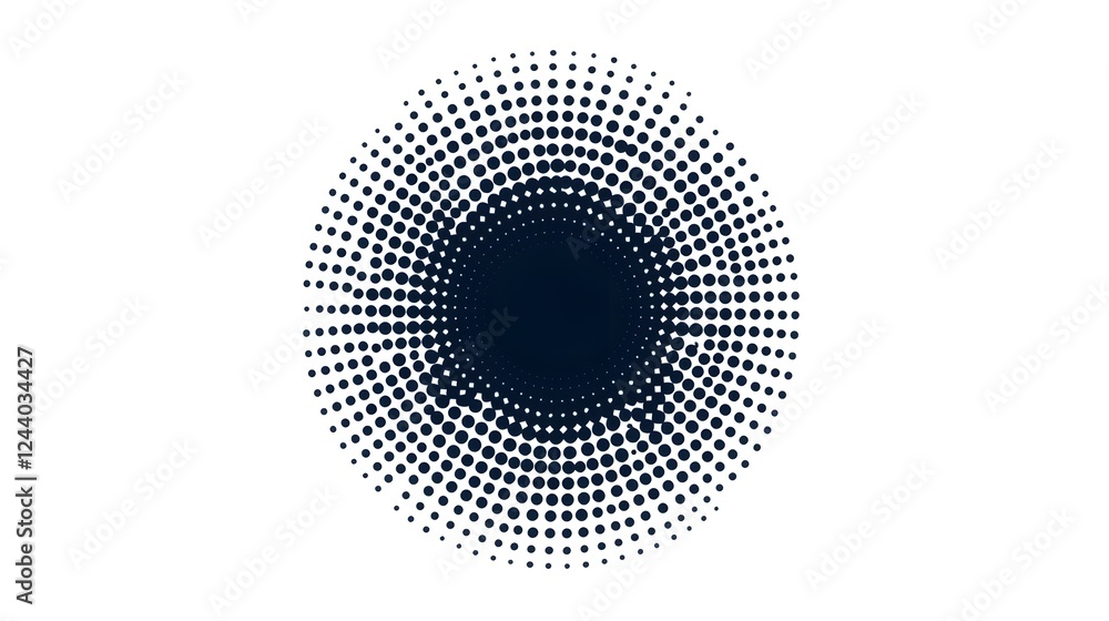 Poster minimalist radial halftone circle with evenly spaced decreasing dotted pattern on white background