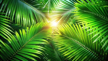 Obraz premium Lush Green Palm Fronds Illuminated by Sunlight, a Tropical Paradise Scene