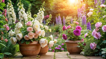 Sunlit Garden with Blooming Roses and Delphiniums in Terracotta Pots