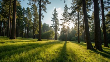 Obraz premium Tranquil Sunrise in Lush Pine Forest with Soft Green Grass