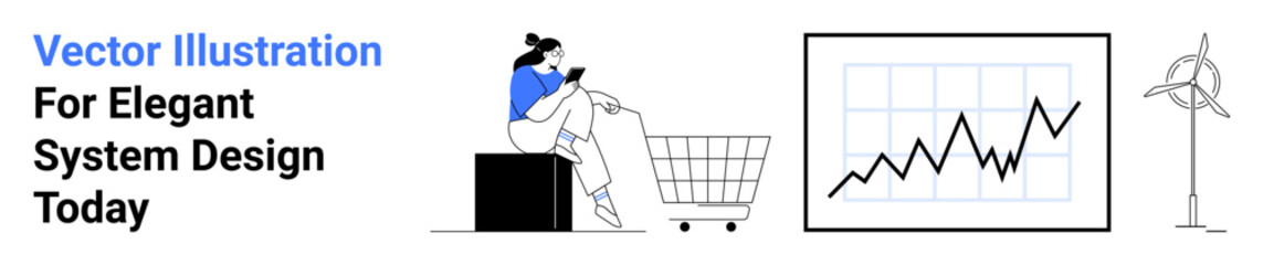 Woman using smartphone beside shopping cart, chart with upward trend, wind turbine. Ideal for sustainability, analytics, shopping, green energy, business success, technology flat landing page banner