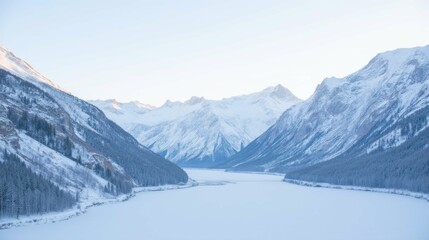 Serene Winter Landscape with Snow-Capped Mountains and Frozen Lake