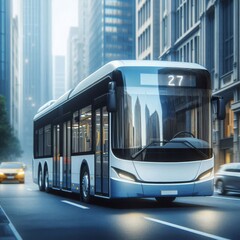 Obraz premium A city bus, predominantly white with blue accents, is the focal point of the image 