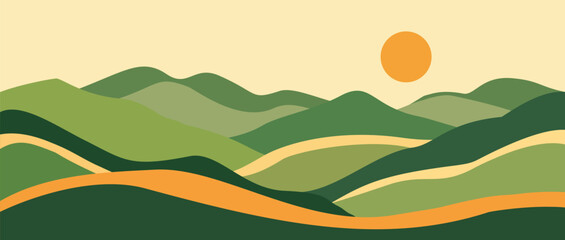 Modern abstract mountain landscape green rolling hills, golden sunset, layered mountains with soft warm tones, flat style for backgrounds, prints, posters