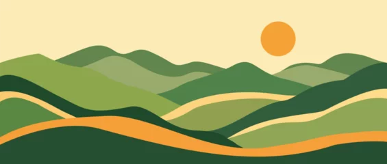 Küchenrückwand glas motiv Modern abstract mountain landscape green rolling hills, golden sunset, layered mountains with soft warm tones, flat style for backgrounds, prints, posters © abcvector