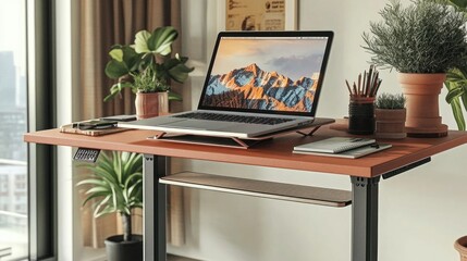 A laptop computer placed on a wooden desk