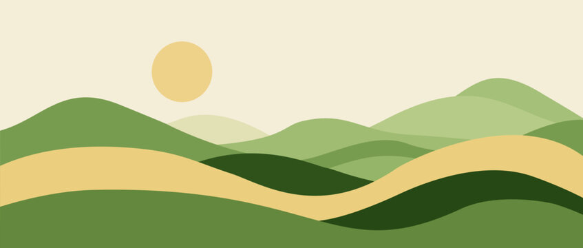 Minimalist vector landscape rolling green hills, layered abstract mountains, golden sunset with soft earth tones, flat design style for backgrounds, posters, modern wall art