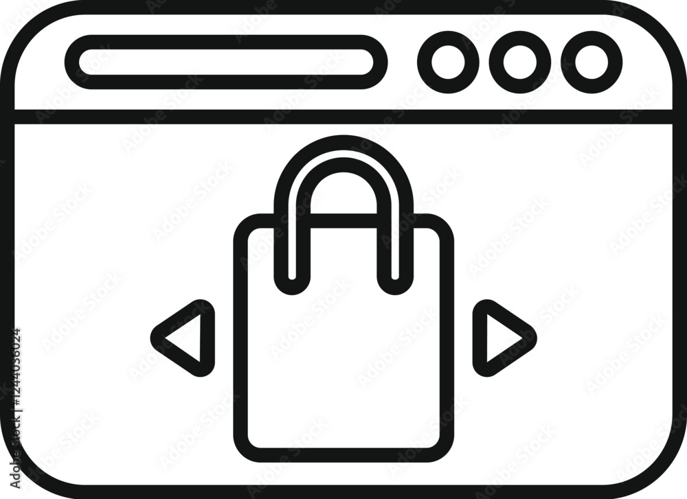Poster web browser window displaying online shopping bag icon and navigation arrows, symbolizing e commerce