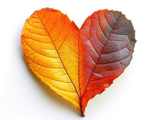 Autumn-colored heart-shaped leaf placed on a white surface