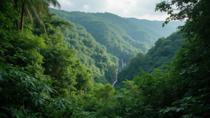 Fototapeta premium Lush Green Valley with Waterfall Surrounded by Mountains and Trees