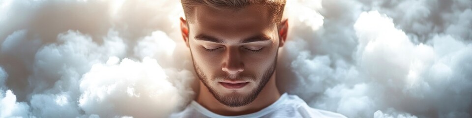 Fototapeta premium A person sitting in clouds with closed eyes, possibly meditating or contemplating