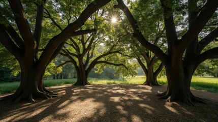 Sunlight Filtering Through Large Trees in Serene Nature Scene