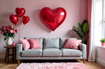 Valentine s themed living room with pink sofa red partition heart decorations on wall interior design. Selective focus