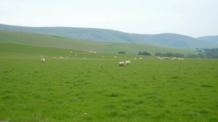 Serene Pastoral Landscape Featuring Grazing Sheep on Green Meadows