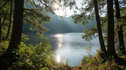 Obraz premium Tranquil Lake Surrounded by Lush Forest and Soft Morning Light
