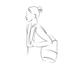 One continuous line art drawing flat illustration child, backpack, education, schoolgirl, student, person, childhood, girl. Isolated image hand draw outline on white background