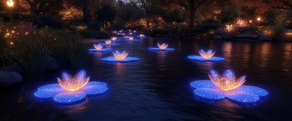 Enchanted Night Garden: Glowing Blue Lotus Lights on Dark Water