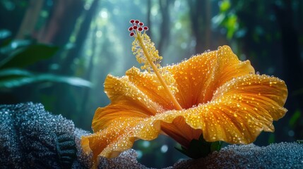 A mesmerizing macro shot of a vibrant yellow hibiscus flower covered in morning dew