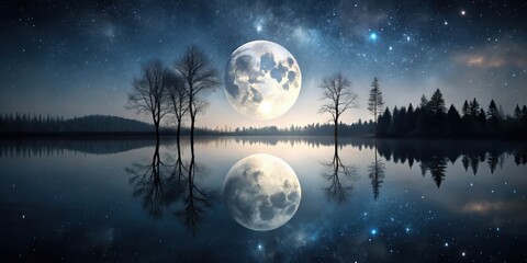 Naklejka premium Serene Nightscape Giant Moon Reflecting on a Still Lake Under a Starry Sky
