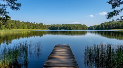 Serene lake pier, tranquil forest, summer day, peaceful reflection