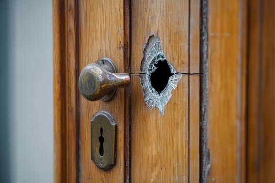 Broken wooden door handle with damage and signs of forced entry at a residence. Generative AI