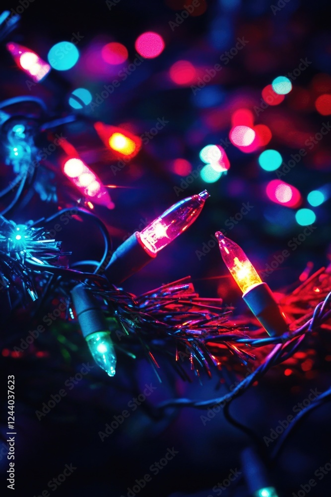 Poster a close-up view of a tree with a bunch of lights decorating its branches, suitable for use in festiv