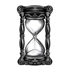 Hourglass logo in black and white engraving style