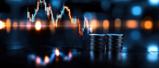 Dynamic financial market graph with stacks of coins symbolizing investment and growth potential in modern economy.