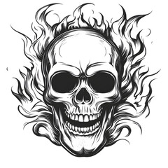 Obraz premium Horror Skull with Flames Tattoo in black and white engraving style