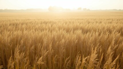 Naklejka premium Golden Wheat Field Under Soft Sunrise Light in Early Morning