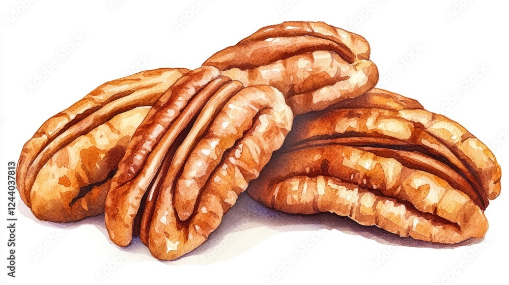 Poster a still life image of pecans arranged on a white surface