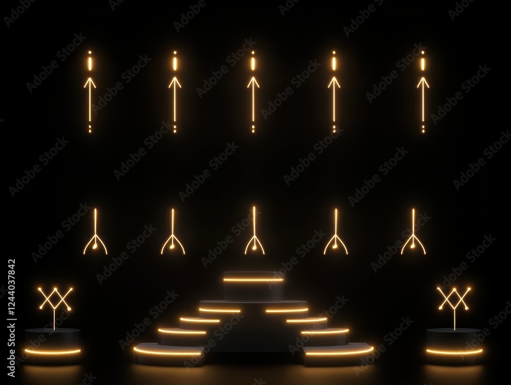 Poster a minimalist display of illuminated arrows and shapes on a dark background.